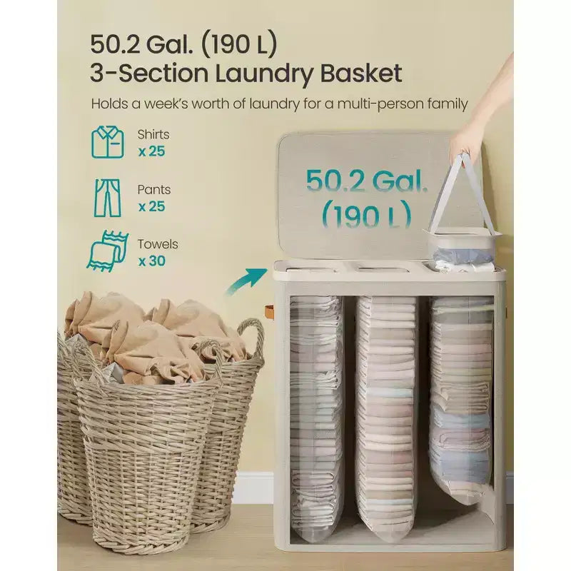 3-Compartment Laundry Hamper – Lid & Removable Liners, for Whole Family Laundry Sorting