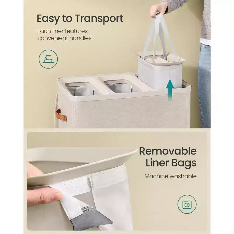 3-Compartment Laundry Hamper – Lid & Removable Liners, for Whole Family Laundry Sorting