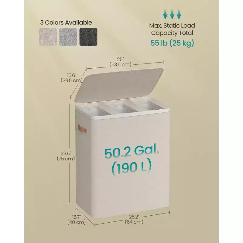 3-Compartment Laundry Hamper – Lid & Removable Liners, for Whole Family Laundry Sorting