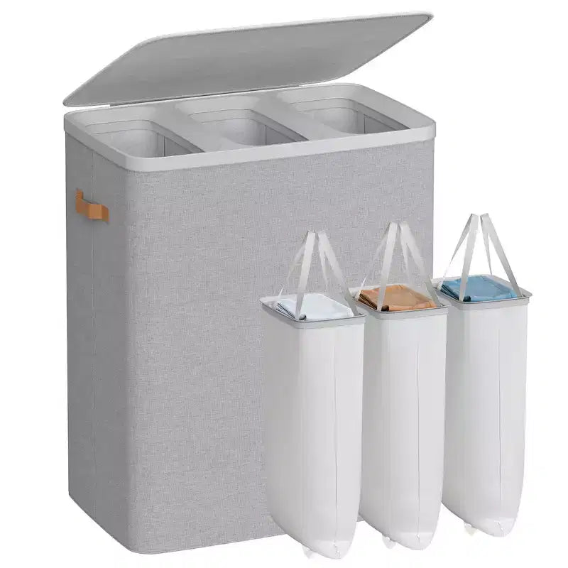 3-Compartment Laundry Hamper – Lid & Removable Liners, for Whole Family Laundry Sorting