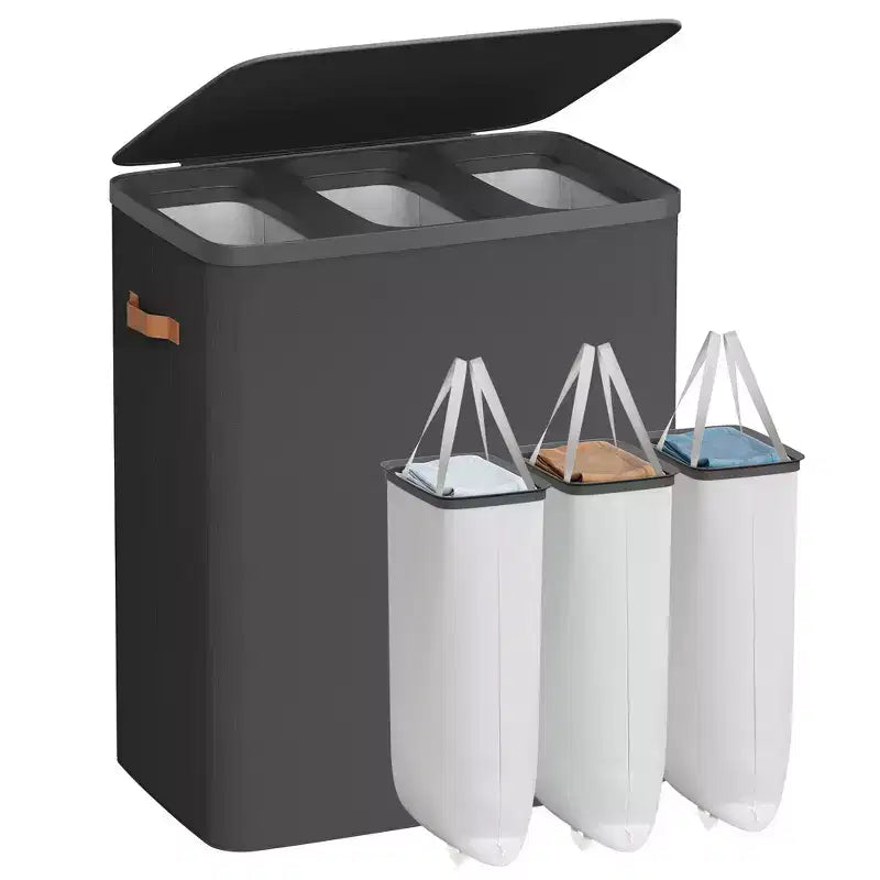 3-Compartment Laundry Hamper – Lid & Removable Liners, for Whole Family Laundry Sorting
