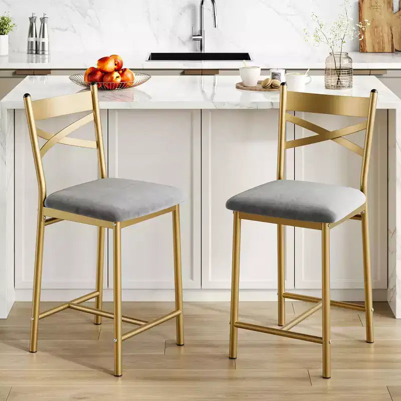 Counter Height Barstools – Set of 2, Footrest, Back Support, Upholstered, Metal Frame