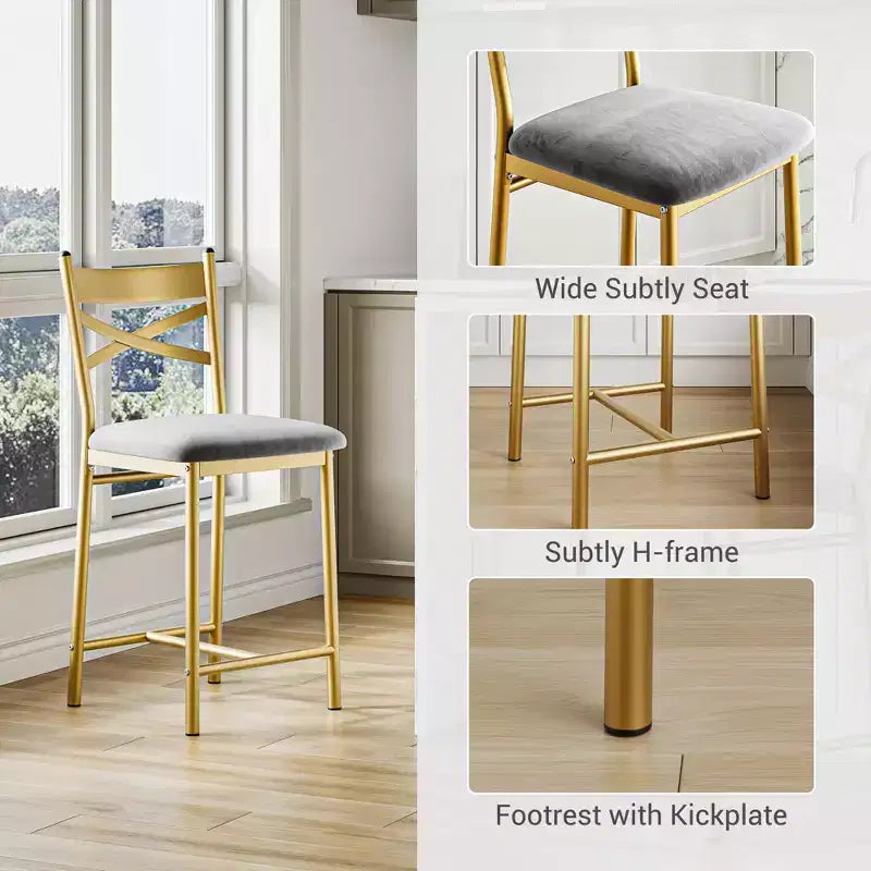 Counter Height Barstools – Set of 2, Footrest, Back Support, Upholstered, Metal Frame