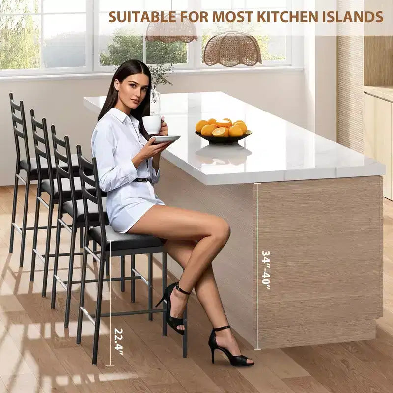 Counter Height Barstools – Set of 2, Footrest, Back Support, Upholstered, Metal Frame