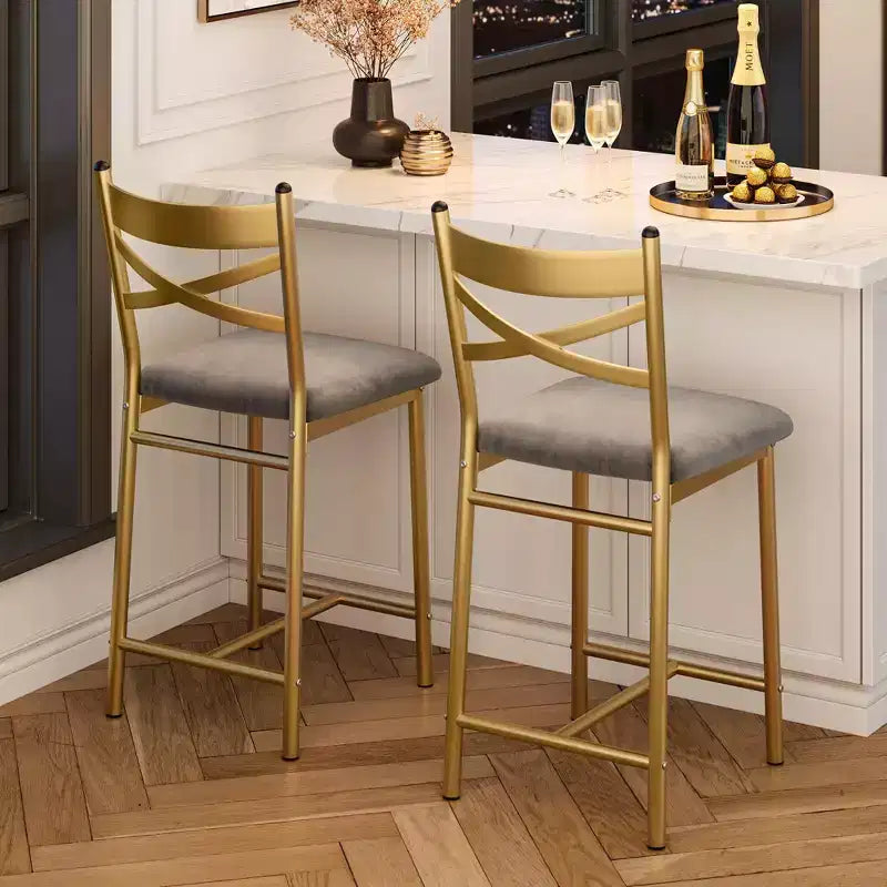 Counter Height Barstools – Set of 2, Footrest, Back Support, Upholstered, Metal Frame