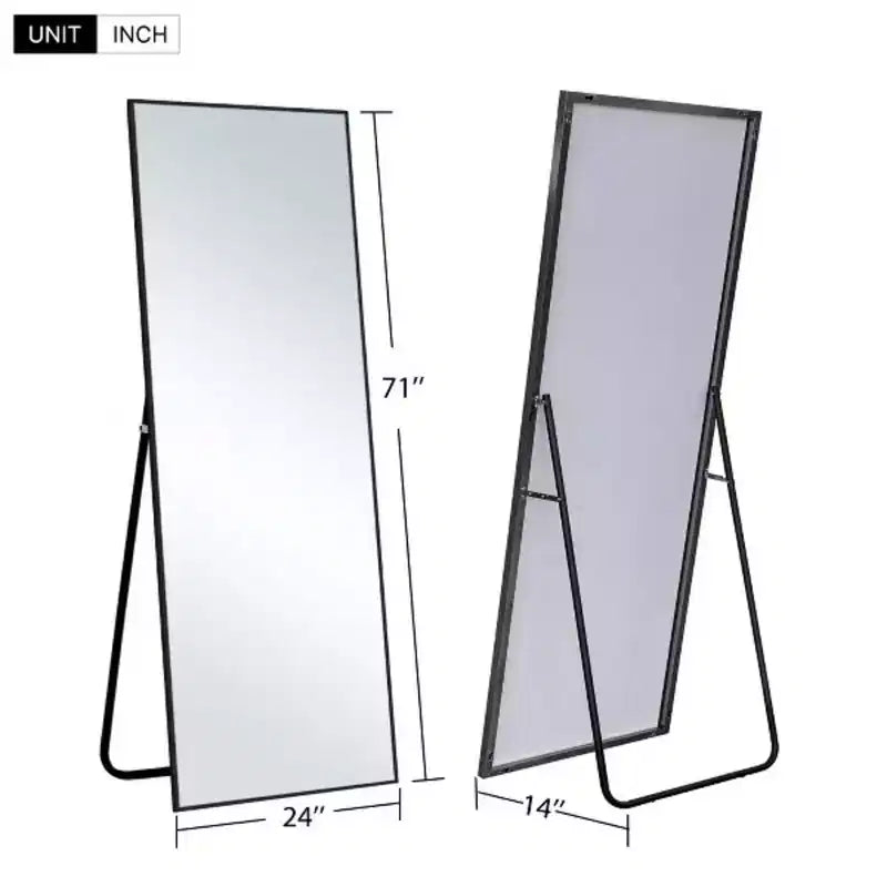 Black Rectangular Full Length Mirror with Stand – Thin Aluminum Alloy Frame, Bedroom & Living Room
