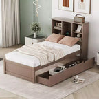 Twin Modern Bed Frame – Wooden Storage Headboard, Built-in LED & USB, Bookcase Platform