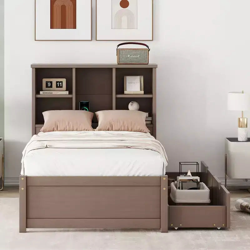 Twin Modern Bed Frame – Wooden Storage Headboard, Built-in LED & USB, Bookcase Platform
