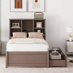 Twin Modern Bed Frame – Wooden Storage Headboard, Built-in LED & USB, Bookcase Platform