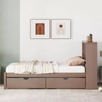 Twin Modern Bed Frame – Wooden Storage Headboard, Built-in LED & USB, Bookcase Platform