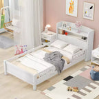 Twin Modern Bed Frame – Wooden Storage Headboard, Built-in LED & USB, Bookcase Platform
