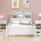 Twin Modern Bed Frame – Wooden Storage Headboard, Built-in LED & USB, Bookcase Platform