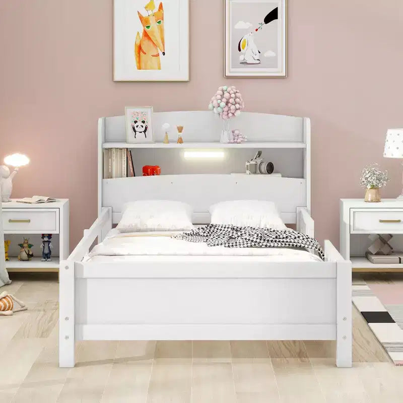 Twin Modern Bed Frame – Wooden Storage Headboard, Built-in LED & USB, Bookcase Platform