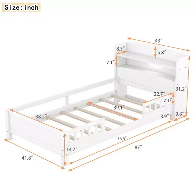 Twin Modern Bed Frame – Wooden Storage Headboard, Built-in LED & USB, Bookcase Platform