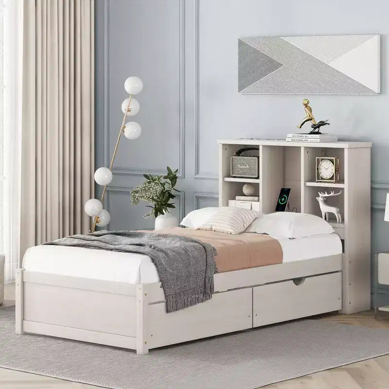Twin Modern Bed Frame – Wooden Storage Headboard, Built-in LED & USB, Bookcase Platform