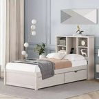 Twin Modern Bed Frame – Wooden Storage Headboard, Built-in LED & USB, Bookcase Platform