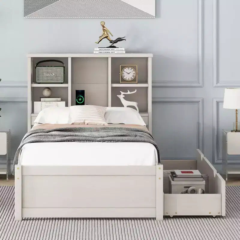 Twin Modern Bed Frame – Wooden Storage Headboard, Built-in LED & USB, Bookcase Platform