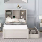 Twin Modern Bed Frame – Wooden Storage Headboard, Built-in LED & USB, Bookcase Platform