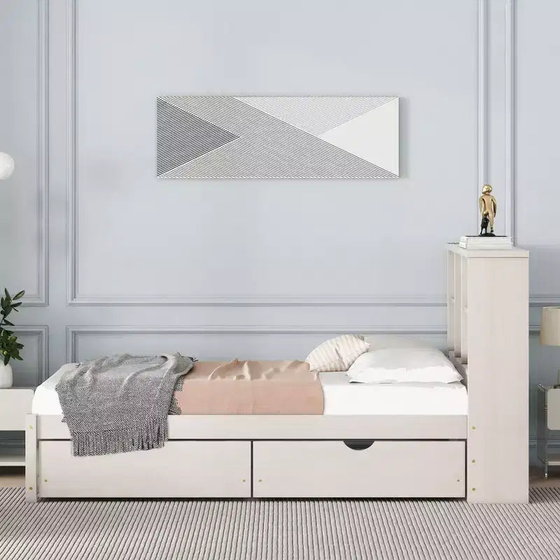 Twin Modern Bed Frame – Wooden Storage Headboard, Built-in LED & USB, Bookcase Platform