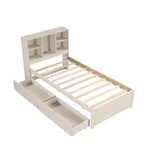 Twin Modern Bed Frame – Wooden Storage Headboard, Built-in LED & USB, Bookcase Platform