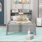 Twin Modern Bed Frame – Wooden Storage Headboard, Built-in LED & USB, Bookcase Platform