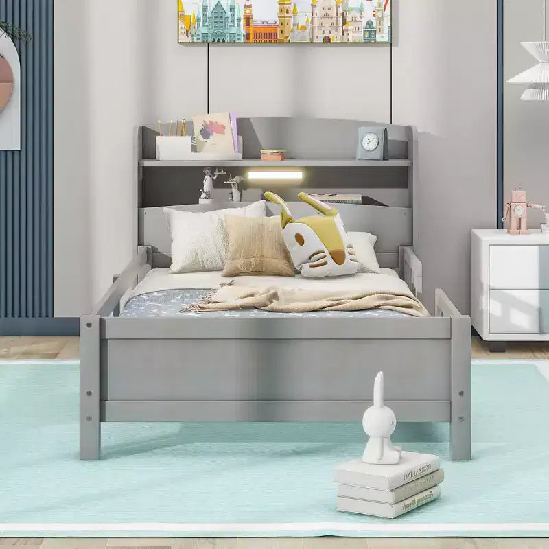 Twin Modern Bed Frame – Wooden Storage Headboard, Built-in LED & USB, Bookcase Platform