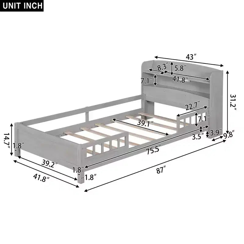 Twin Modern Bed Frame – Wooden Storage Headboard, Built-in LED & USB, Bookcase Platform