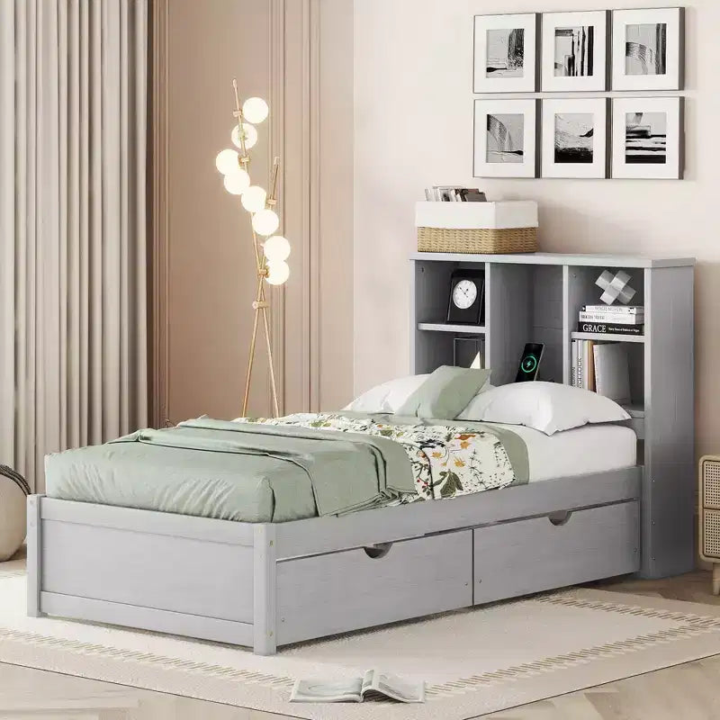 Twin Modern Bed Frame – Wooden Storage Headboard, Built-in LED & USB, Bookcase Platform