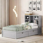 Twin Modern Bed Frame – Wooden Storage Headboard, Built-in LED & USB, Bookcase Platform