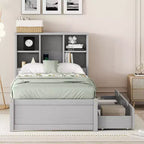 Twin Modern Bed Frame – Wooden Storage Headboard, Built-in LED & USB, Bookcase Platform