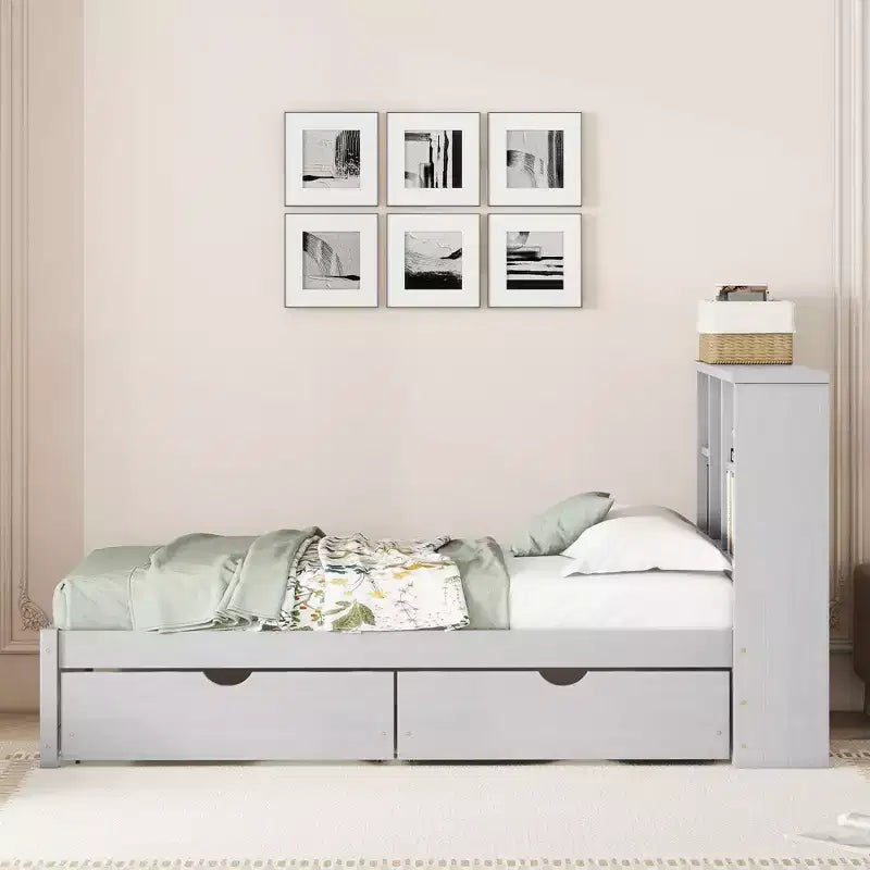 Twin Modern Bed Frame – Wooden Storage Headboard, Built-in LED & USB, Bookcase Platform