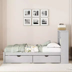 Twin Modern Bed Frame – Wooden Storage Headboard, Built-in LED & USB, Bookcase Platform