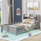 Okak Twin Modern Bed Frame with Wooden Storage Headboard & Built-in LED/USB,Bookcase Platform Bed for Bedroom,Kids Room