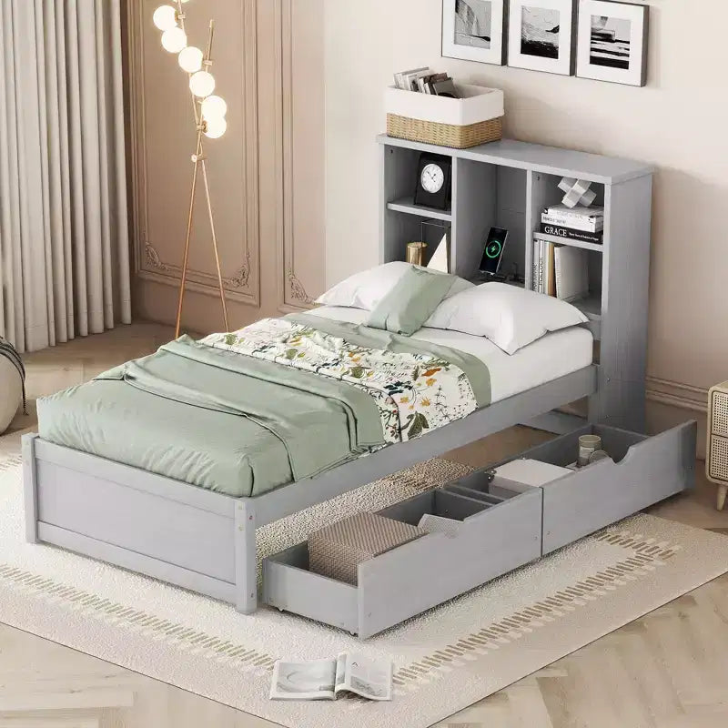 Twin Modern Bed Frame – Wooden Storage Headboard, Built-in LED & USB, Bookcase Platform