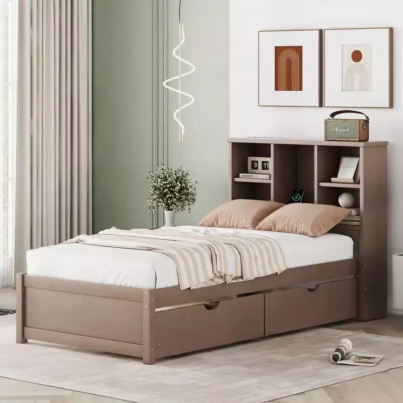 Twin Modern Bed Frame – Wooden Storage Headboard, Built-in LED & USB, Bookcase Platform