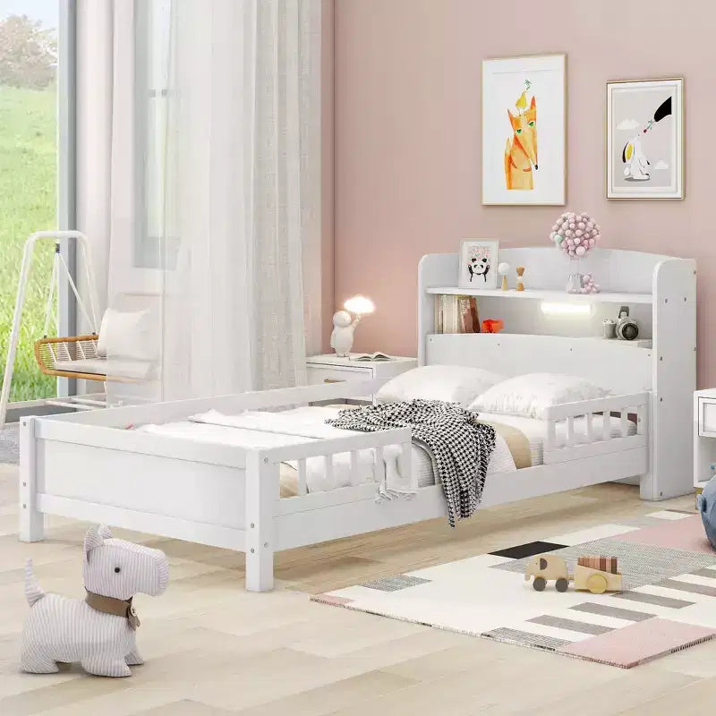 Twin Modern Bed Frame – Wooden Storage Headboard, Built-in LED & USB, Bookcase Platform