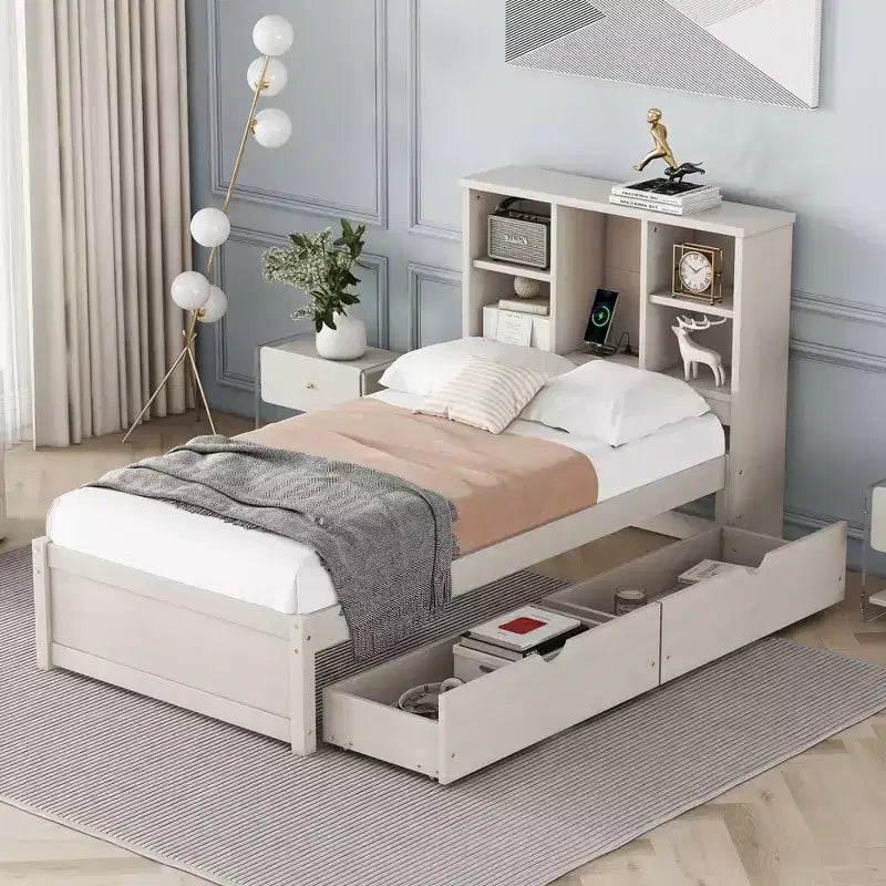 Twin Modern Bed Frame – Wooden Storage Headboard, Built-in LED & USB, Bookcase Platform