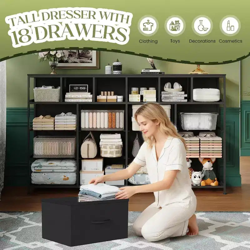 18-Drawer Dresser with Charging Station – Fabric Storage Chest, TV Stand Organizer