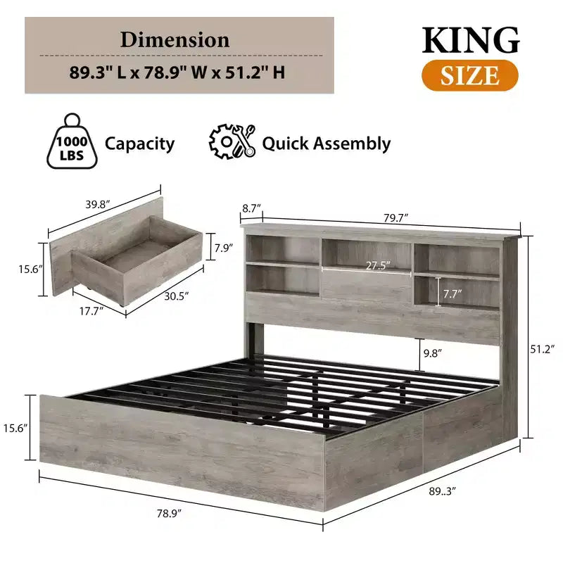 King Size Storage Bed – Bookcase Headboard, 4 Dust-Proof Drawers, Steel Frame, Gray