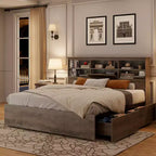 King Size Storage Bed – Bookcase Headboard, 4 Dust-Proof Drawers, Steel Frame, Gray