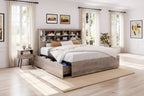 King Size Storage Bed – Bookcase Headboard, 4 Dust-Proof Drawers, Steel Frame, Gray