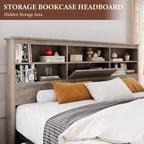 King Size Storage Bed – Bookcase Headboard, 4 Dust-Proof Drawers, Steel Frame, Gray