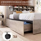 King Size Storage Bed – Bookcase Headboard, 4 Dust-Proof Drawers, Steel Frame, Gray