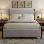 Modern Rubberwood Upholstered Striped Bed – High Headboard
