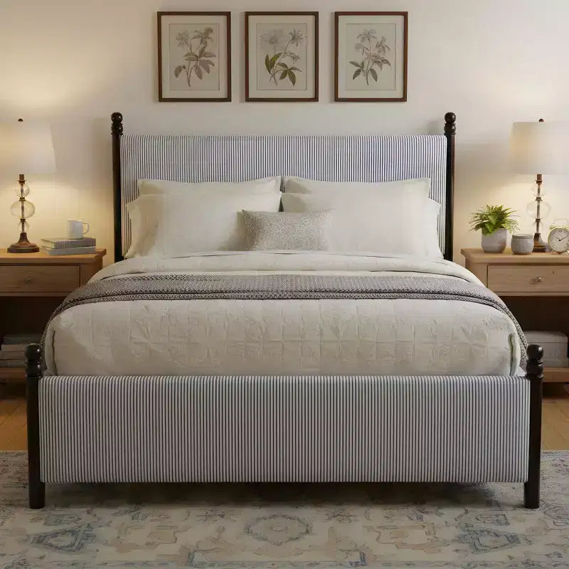 Modern Rubberwood Upholstered Striped Bed – High Headboard, Iska Style