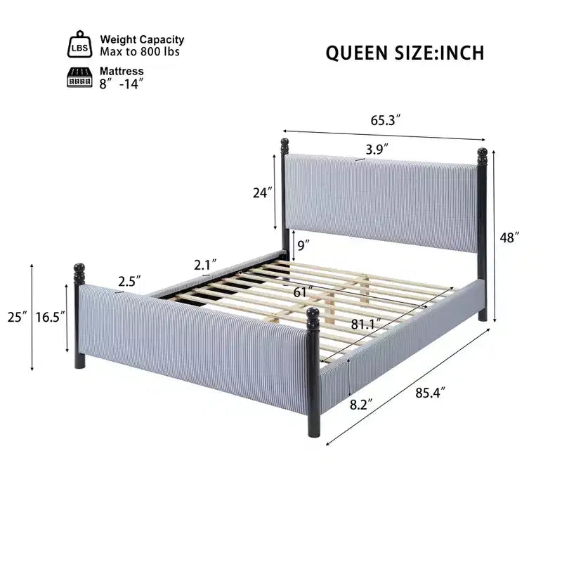 Modern Rubberwood Upholstered Striped Bed – High Headboard, Iska Style