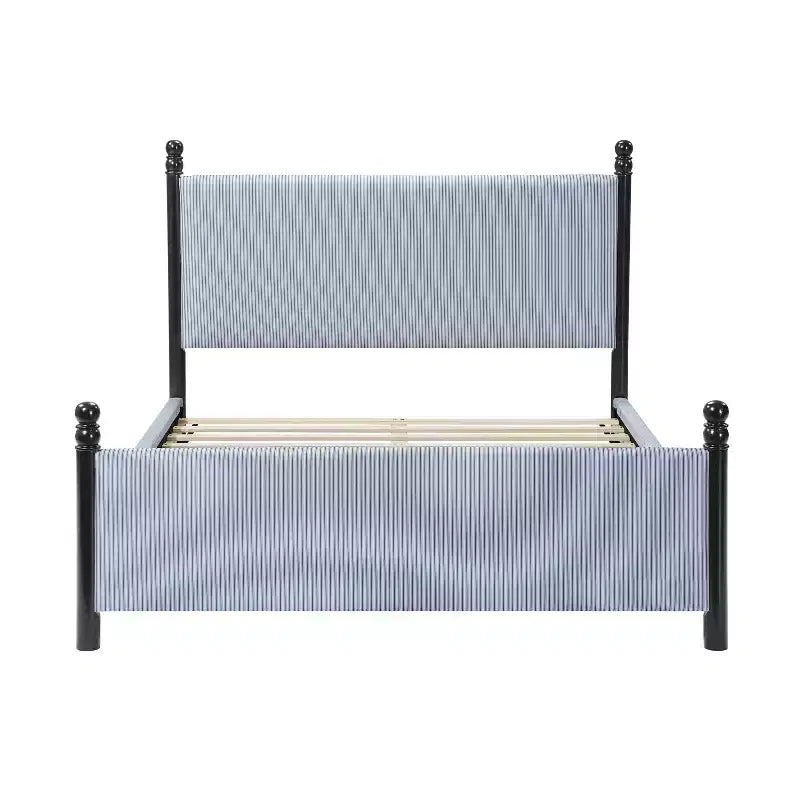 Modern Rubberwood Upholstered Striped Bed – High Headboard, Iska Style