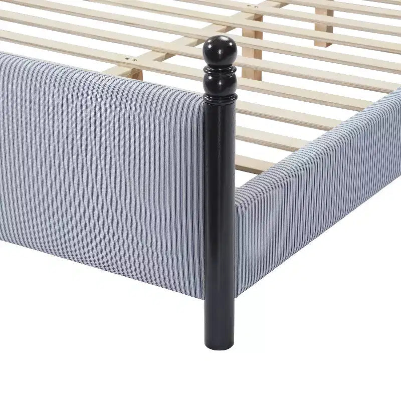 Modern Rubberwood Upholstered Striped Bed – High Headboard, Iska Style