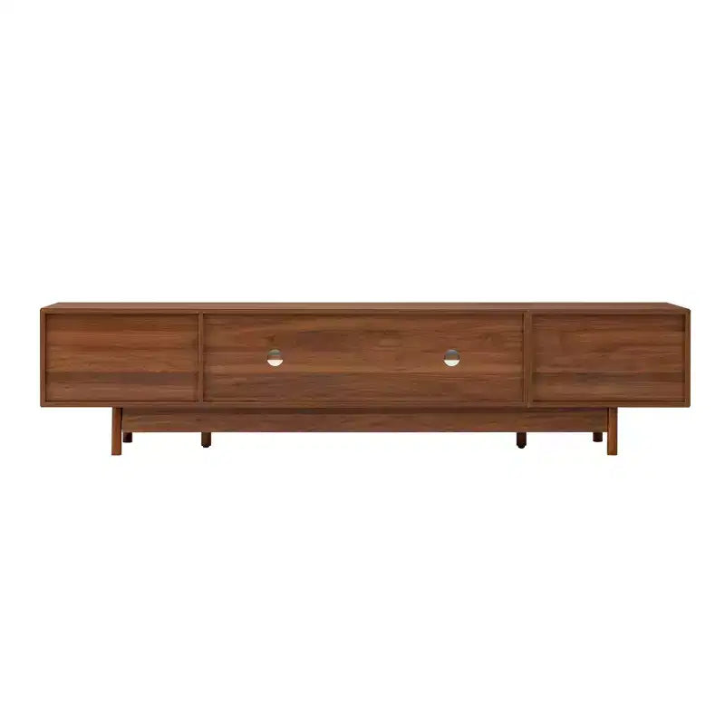 Modern Entertainment Center TV Stand – Glass Doors, Drawers, Solid Wood Legs, Walnut