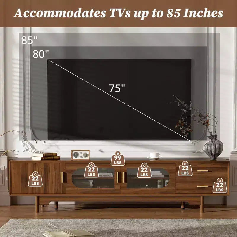 Modern Entertainment Center TV Stand – Glass Doors, Drawers, Solid Wood Legs, Walnut